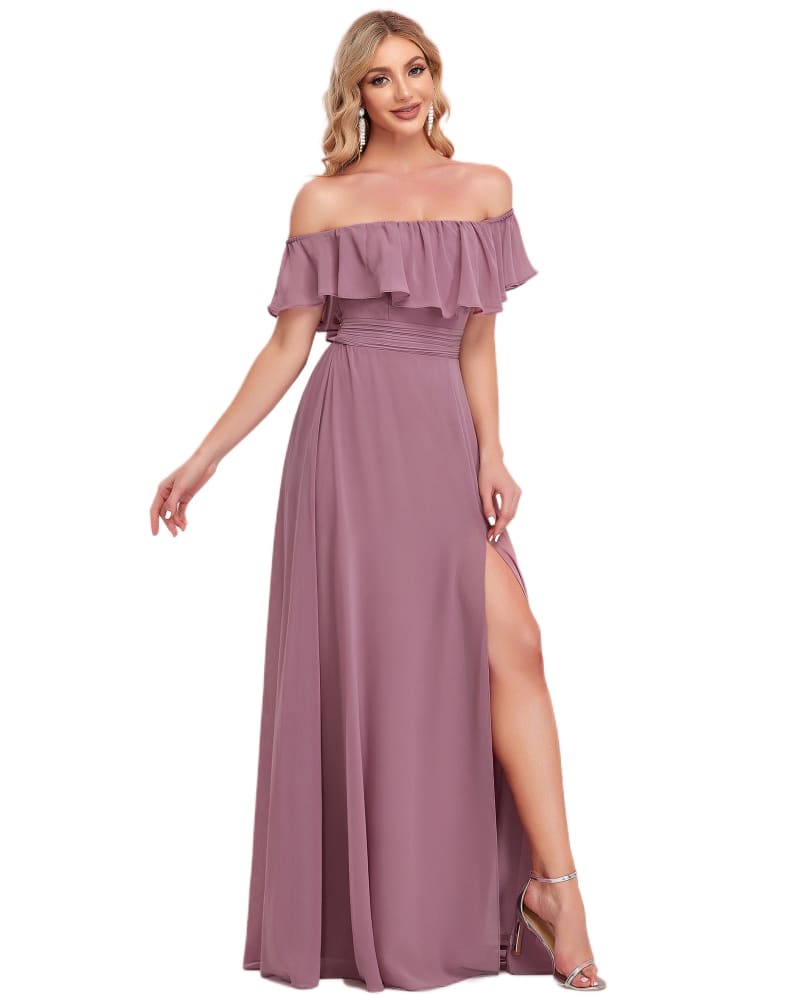 Front of a model wearing a size 12 Women's Off Shoulder Ruffle Thigh Slit Bridesmaid Dresses in Purple Orchid by Ever-Pretty. | dia_product_style_image_id:324919